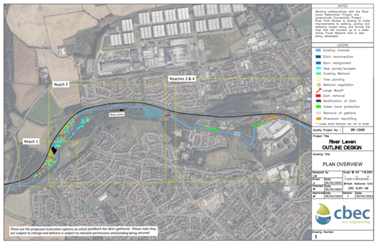 A map displaying restoration changes for the River Leven.